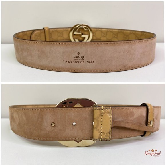 Authentic GUCCI Beige Guccissima Leather Interlocking G Gold Buckle Belt 80/32 - Picture 7 of 13